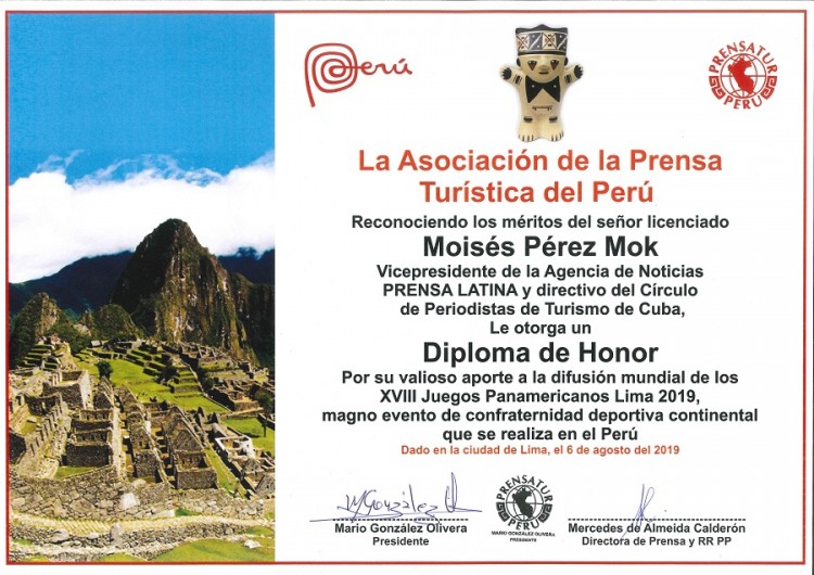 PRENSATUR Perú distinguió a Directivo de la Prensa Turística de Cuba
